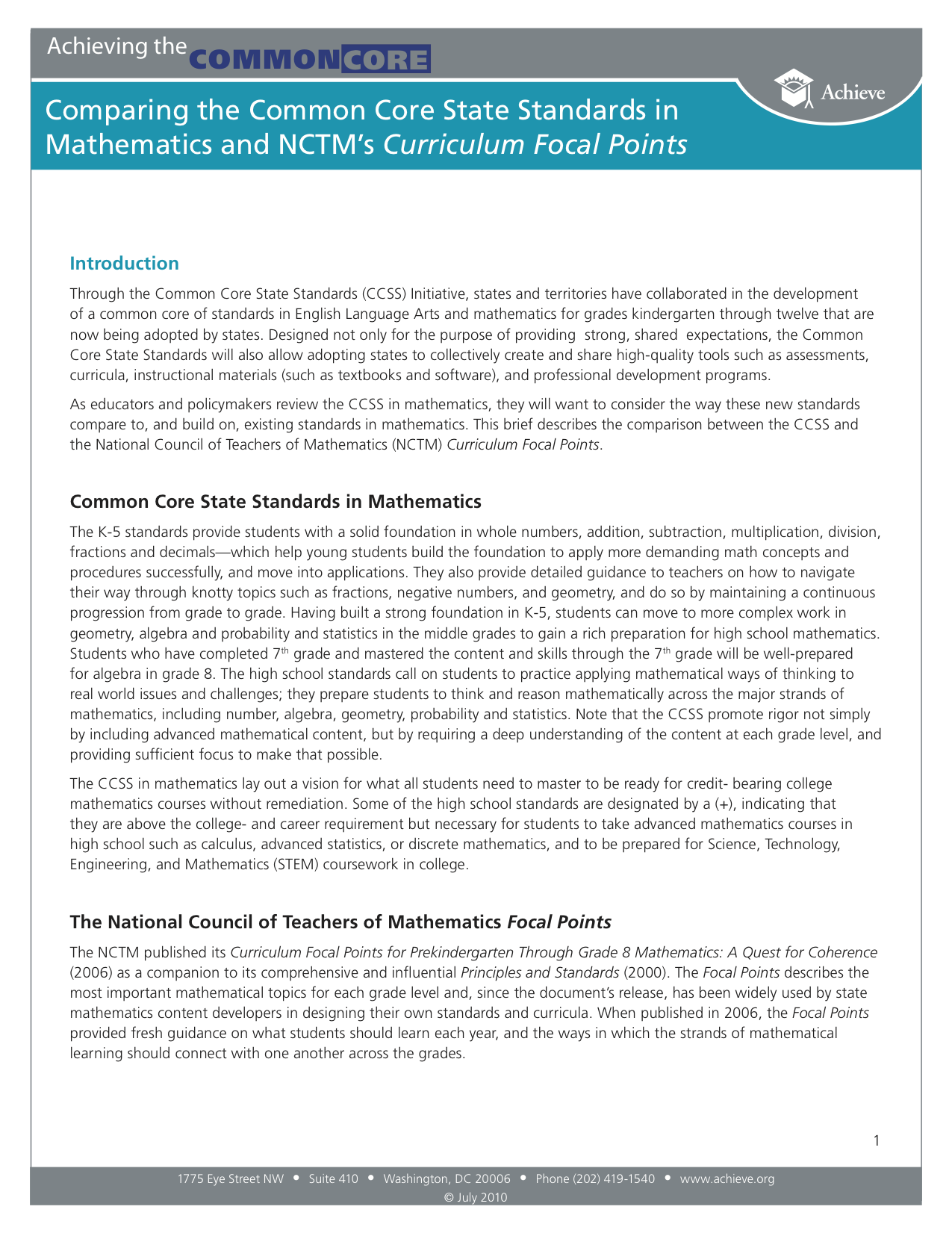 Cover of Comparing the Common Core State Standards in Mathematics and NCTM’s Curriculum Focal Points
